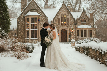 Bride and groom posing in snow outside stone house.