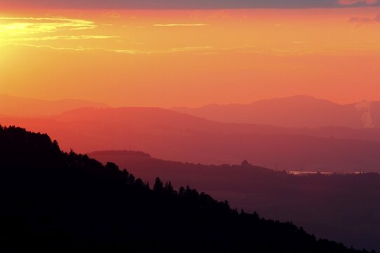 Sunset on the Stoos with view onto the Middle lands, Switzerland