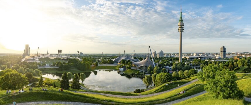 Olympic Area, park with olympic lake and television tower, Olympiaturm, Theatron, Olympiapark, Munich, Upper Bavaria, Bavaria, Germany