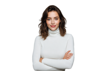 Portrait of a woman with arms crossed wearing a white turtleneck top isolated on transparent background