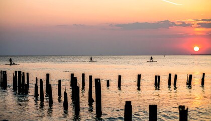 Silhouetted figures paddleboard at sunset over a calm water