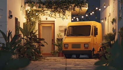 Yellow van parked in a courtyard at night, surrounded by plants and fairy lights