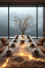 Luxury Modern Tea Lounge with Onyx Stone Table, Ceramic Teapot, Cherry Blossoms, and Misty Mountain View &ndash; Premium Wellness Photography