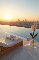 Luxury Rooftop Wellness Lounge with Infinity Pool, Crystal Carafe, and City Skyline at Sunset