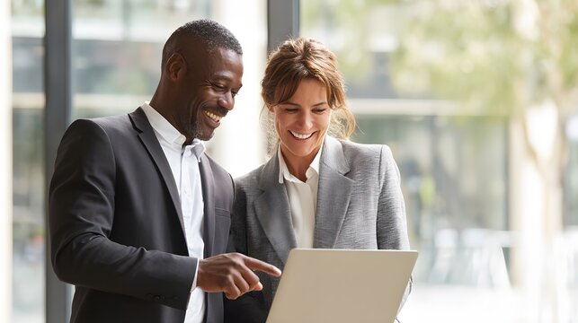 Male and female professionals in suits smiling and talking while pointing at a laptop in a well-lit office