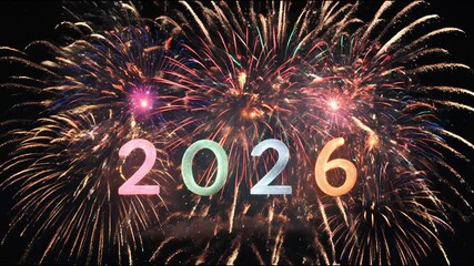 Vertical video of spectacular fireworks bursting behind the glowing numbers “2026”. A vibrant celebration of New Year’s Eve, symbolizing new beginnings, happiness, and hope for the year ahead. - Powered by Adobe