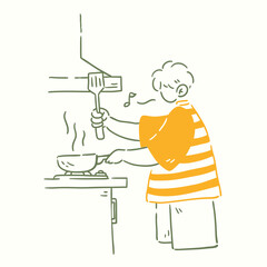Boy cooking in the kitchen. Hand drawn style vector design illustration