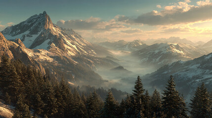 Beautiful mountain range landscape scenic view of snowy peaks and pine trees in a misty valley morning