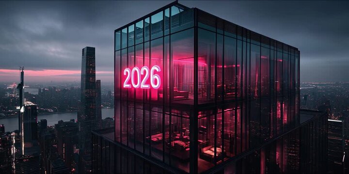 Video vertical de un rascacielos iluminado con el n&uacute;mero &ldquo;2026&rdquo; en luces de ne&oacute;n rosa, destacando en la ciudad al anochecer. Una escena moderna y vibrante que celebra la llegada del A&ntilde;o Nuevo.