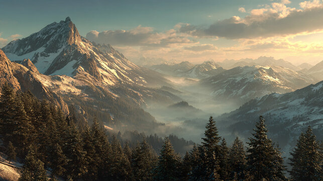 Beautiful mountain range landscape scenic view of snowy peaks and pine trees in a misty valley morning
