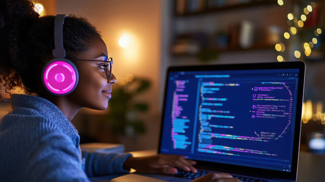 Young woman in a tech-friendly workspace focused on data science e-learning with interactive code cell display. Data scientist