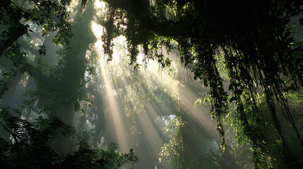 Obraz premium Sunlight shining through trees in tropical jungle nature background stock photo and high quality image