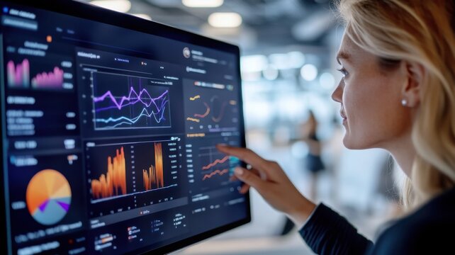 Young woman demonstrating a vertical dashboard interface on a transparent touchscreen in a modern office setting. Data scientist