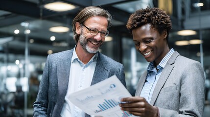 Smiling executives reviewing charts and analytics in an office with glass walls