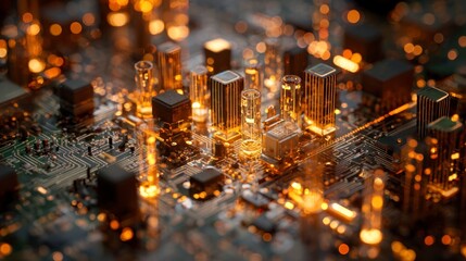 Cityscape abstract on circuit board