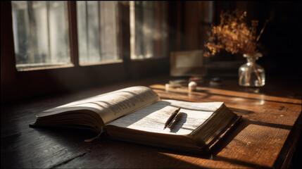 Cozy study desk with books and pen