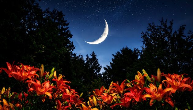 Orange lilies in the foreground, framed by dark trees under a crescent moon and starlit night sky