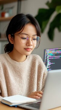 Young Asian woman in glasses coding on a laptop in profile with warm neutral background for educational technology. Data scientist