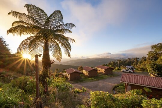 Cabins of a lodge in the cloud forest, in the evening light, Paraiso Quetzal Lodge, view over mountain landscape, sun star, San Jos&eacute; province, Costa Rica