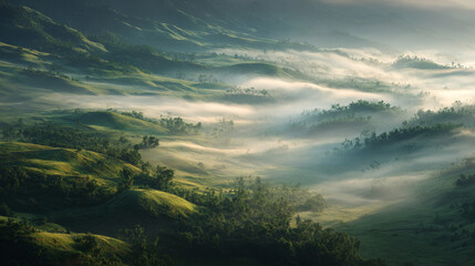 Aerial view of foggy green hills landscape nature photography scenic mist covered valley mountain range travel