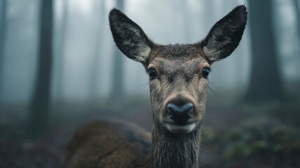 Fototapeta premium Deer in misty forest portrait