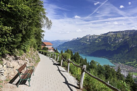 View of Lake Brienz from the Harder Kulm, Interlaken, Canton of Bern, Switzerland