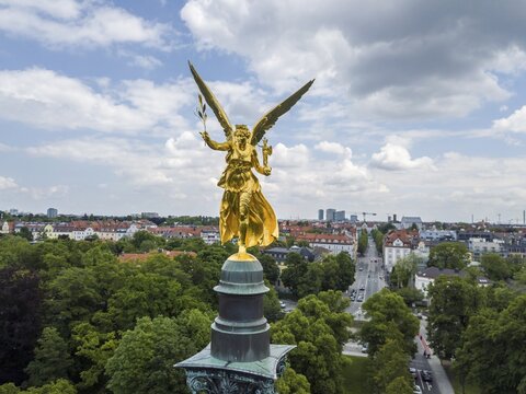 Angel of Peace, Peace Memorial, drone shot with view of Bogenhausen, Munich, Upper Bavaria, Bavaria, Germany