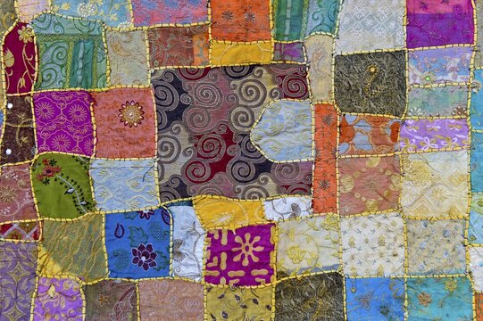 Traditional wall hanging made of coloured patches, Rajasthan, India