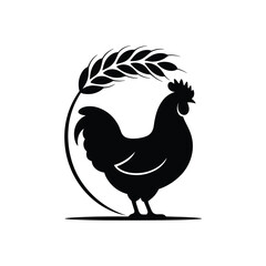 Fototapeta premium Black Silhouette Rooster with Wheat Ear Logo Design Isolated on White Background