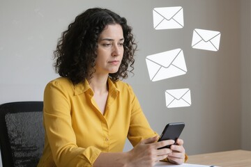 Woman at home office desk with smartphone and floating envelope icons