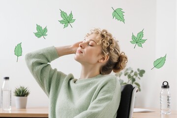 Woman stretching at desk with curly hair and wellness icons