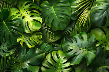 モンステラと熱帯植物のグリーンリーフ背景