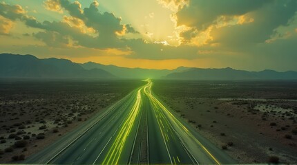 Futuristic Light Trails on Desert Road at Sunset with Dramatic Clouds