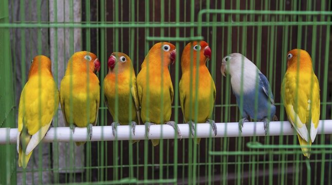 Colorful parakeets sitting side by side on a pole in cage, bird market, Pasar Ngasem, Yogyakarta, Java, Indonesia