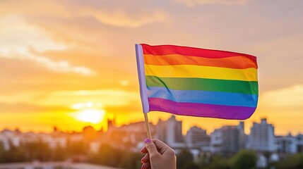 Holding rainbow flag at sunset, for LGBTQ+ rights, equality, multicultural themes