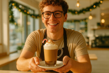 Smiling barista with festive coffee drink in cozy cafe setting