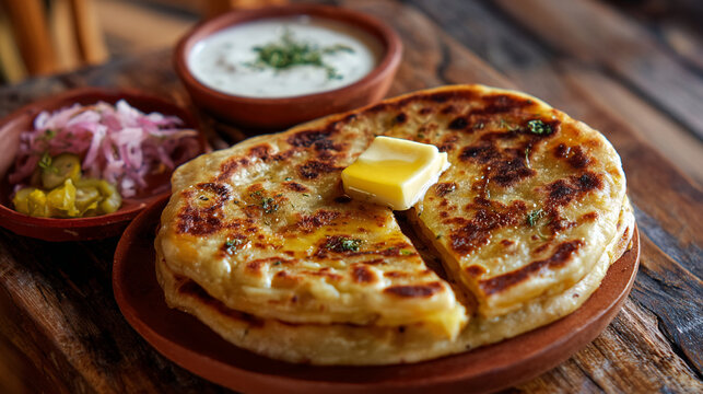 Aloo paratha indian flatbread recipe with butter and yogurt dip served on a wooden table background