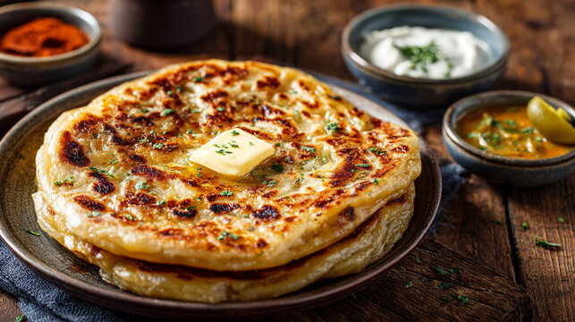 Authentic aloo paratha recipe: indian flatbread with potato filling served with yogurt and pickle dishes