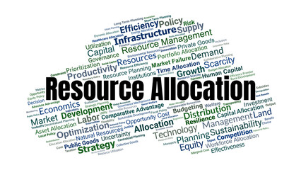 Resource Allocation Word Cloud. Core Terms On Economics, Policy, Management, Efficiency, Scarcity, And Distribution Of Limited Resources For Sustainable Growth.