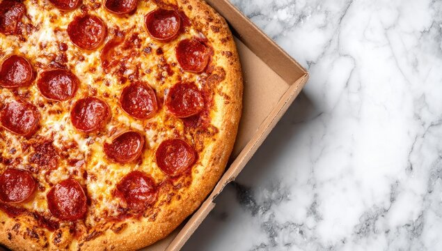 Pepperoni pizza in a cardboard box on a marble surface