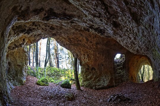 Collapsed cave near Elbersberg chapel, Elbersberg, Pottenstein town, Franconian Switzerland, Upper Franconia, Franconia, Bavaria, Germany