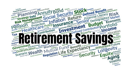 Fototapeta premium Retirement Savings Word Cloud. Key Terms On Pension, Investment, Planning, Security, Longevity, And Financial Stability For Future Generations.