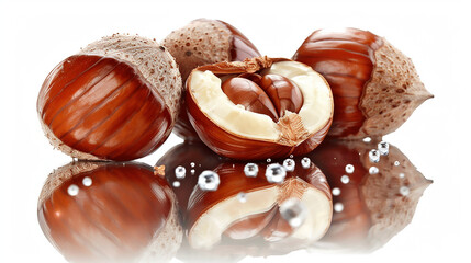 "Ripe hazelnuts with glossy brown shells and one cracked open, revealing creamy nut inside, beautifully arranged on reflective surface with sparkling accents, symbolizing freshness, richness, and natu
