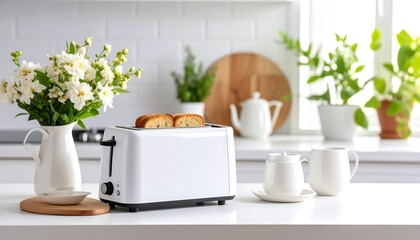 Fresh Toast  White Ceramic Kitchenware on Bright Kitchen Counter.