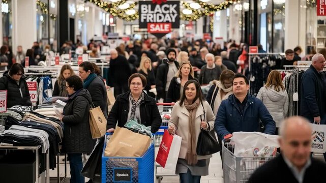 Black Friday Sale. A large crowd of shoppers fills a busy department store during a holiday retail event. Men and women browse clothing racks and push shopping carts.