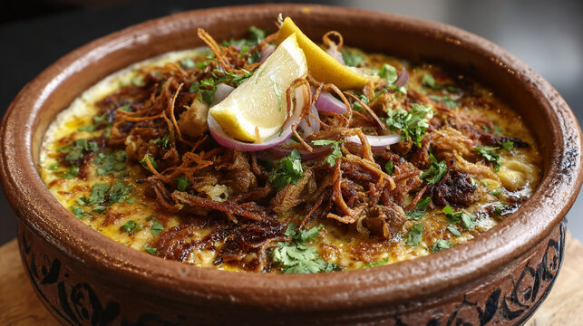 Delicious kishk with caramelized onions and lemon wedge in a ceramic bowl, egyptian cuisine dish recipe