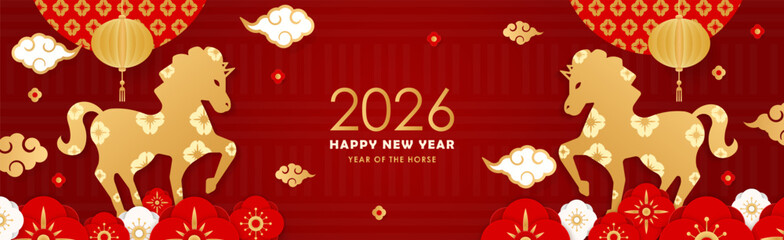 Banner of Chinese Greetings for 2026. Golden Flowers, Clouds, Asian Lanterns in the Red Background. Happy New Year, Horse zodiac sign. Chinese poster