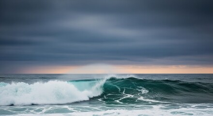 Obraz premium Dramatic Ocean Wave Crashing on Shore Under Dark Cloudy Sky at Dusk with Hints of Sunset and Turbulent Water Textures Reflecting Mood of Nature