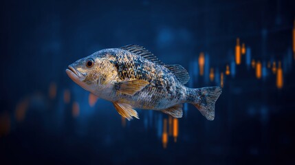 Symbolic fish swimming through dynamic stock market with orange and blue candlestick charts background, conveying financial investment concepts in high-definition wide-angle perspective featuring stro