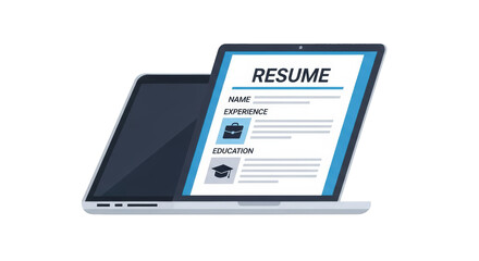 Resume displayed on laptop screen CV template presentation white experience interview technology business job office opportunity success open